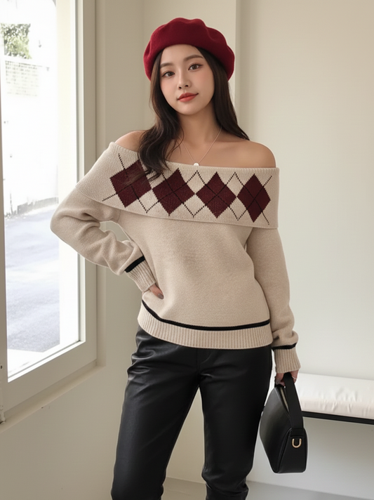 Argyle Whisper Off-Shoulder Sweater