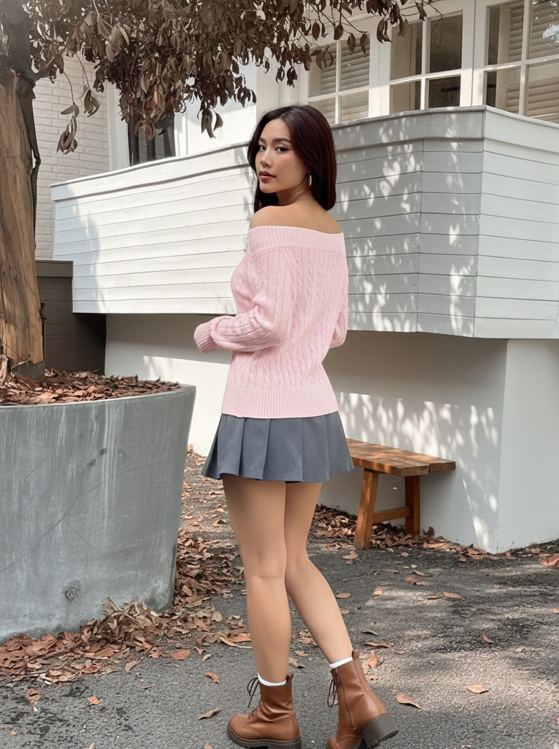 Off-Shoulder Cable Knit Sweater