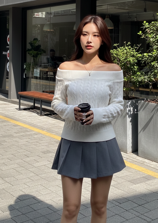 Off-Shoulder Cable Knit Sweater