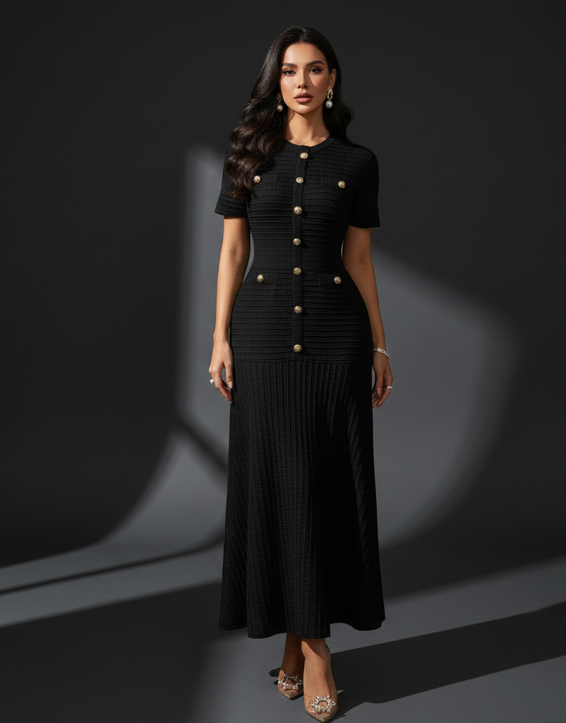 Eternal Elegance Gold-Button Dress