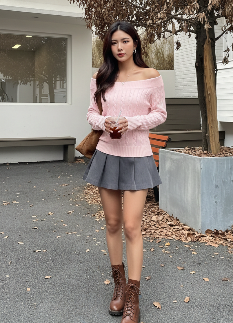 Off-Shoulder Cable Knit Sweater