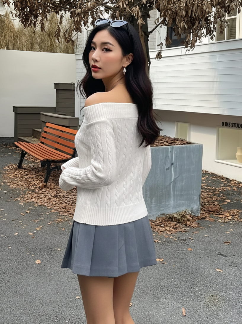 Off-Shoulder Cable Knit Sweater