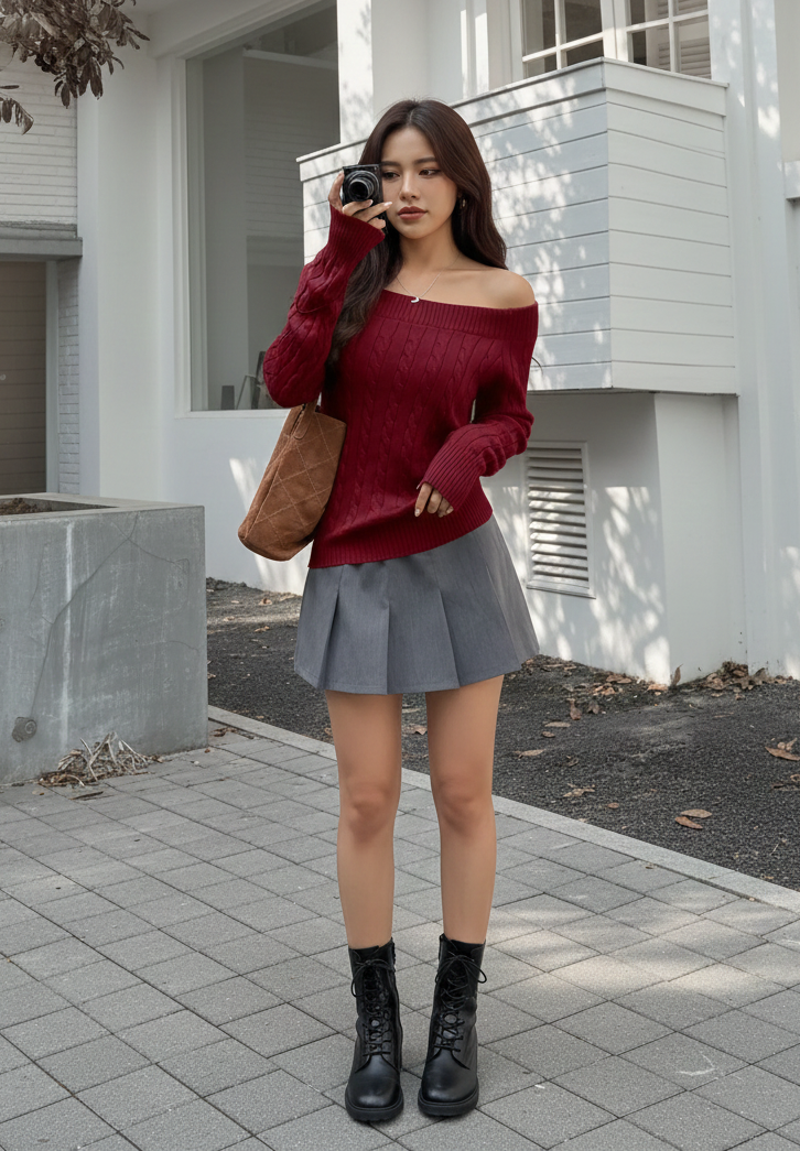Off-Shoulder Cable Knit Sweater