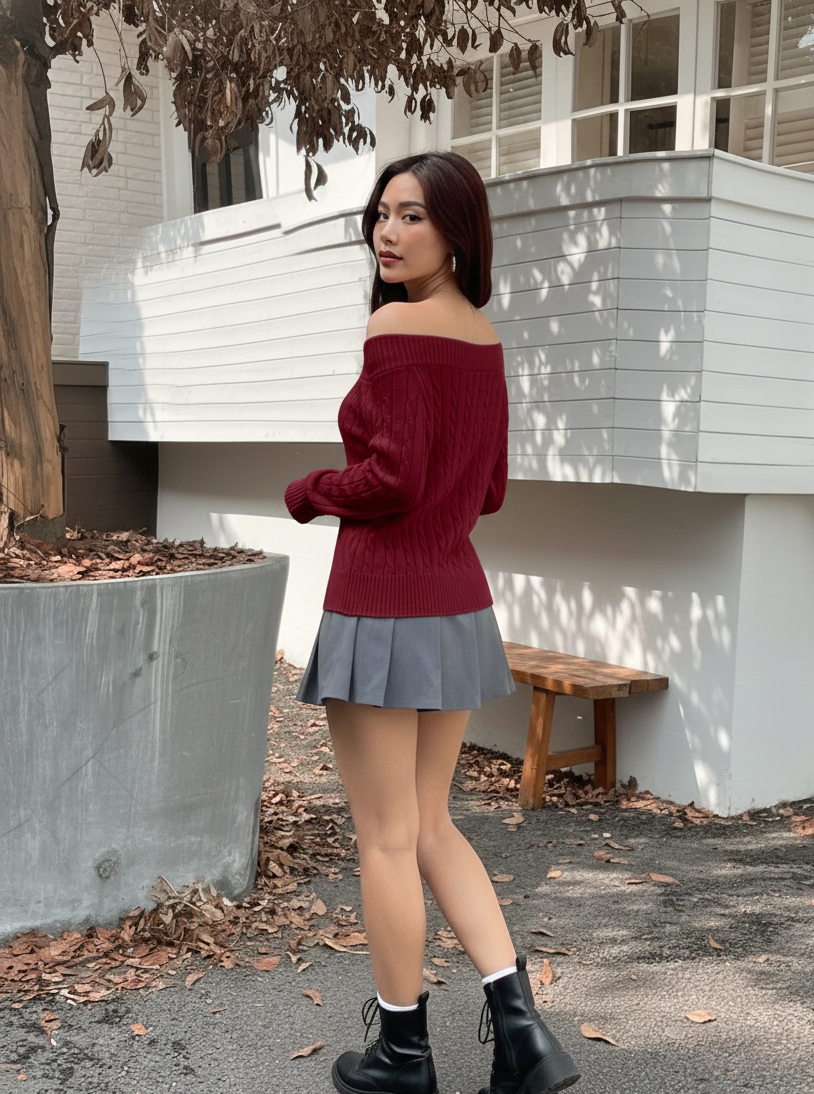 Off-Shoulder Cable Knit Sweater