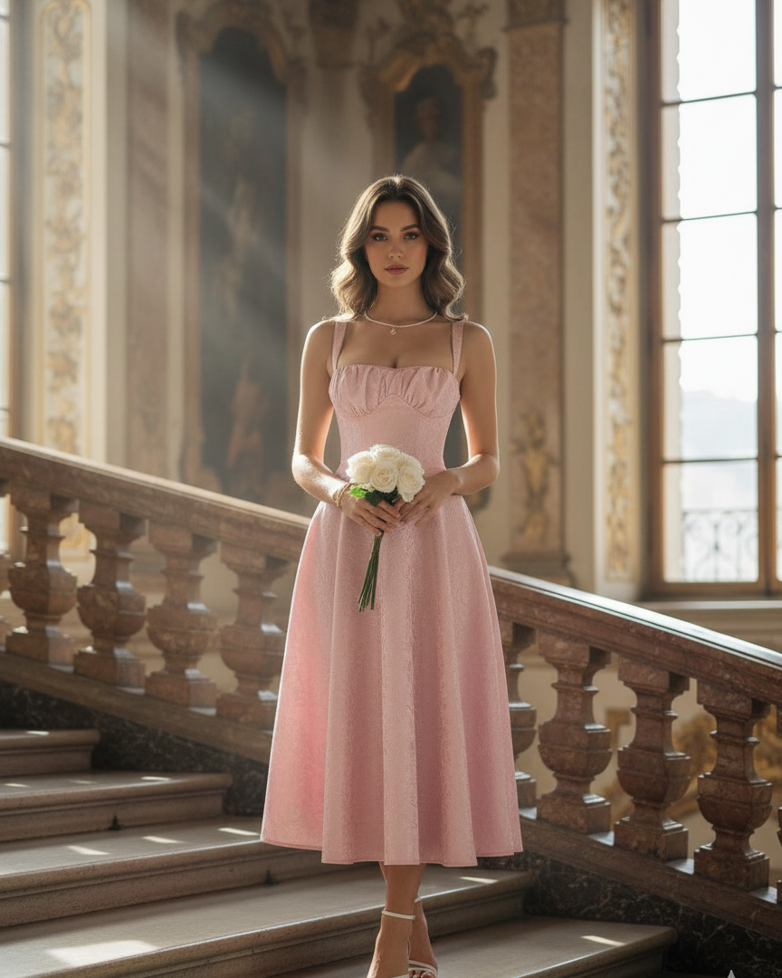 Solid Floral Jacquard Lace High Waist Dress