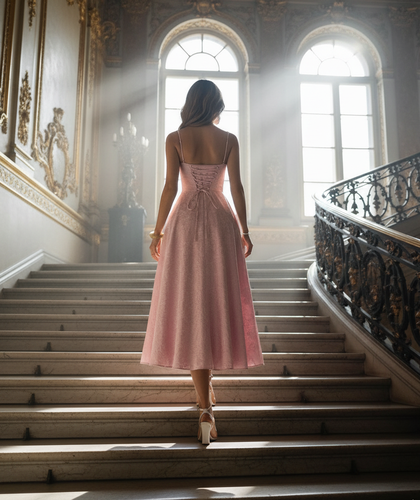 Solid Floral Jacquard Lace High Waist Dress