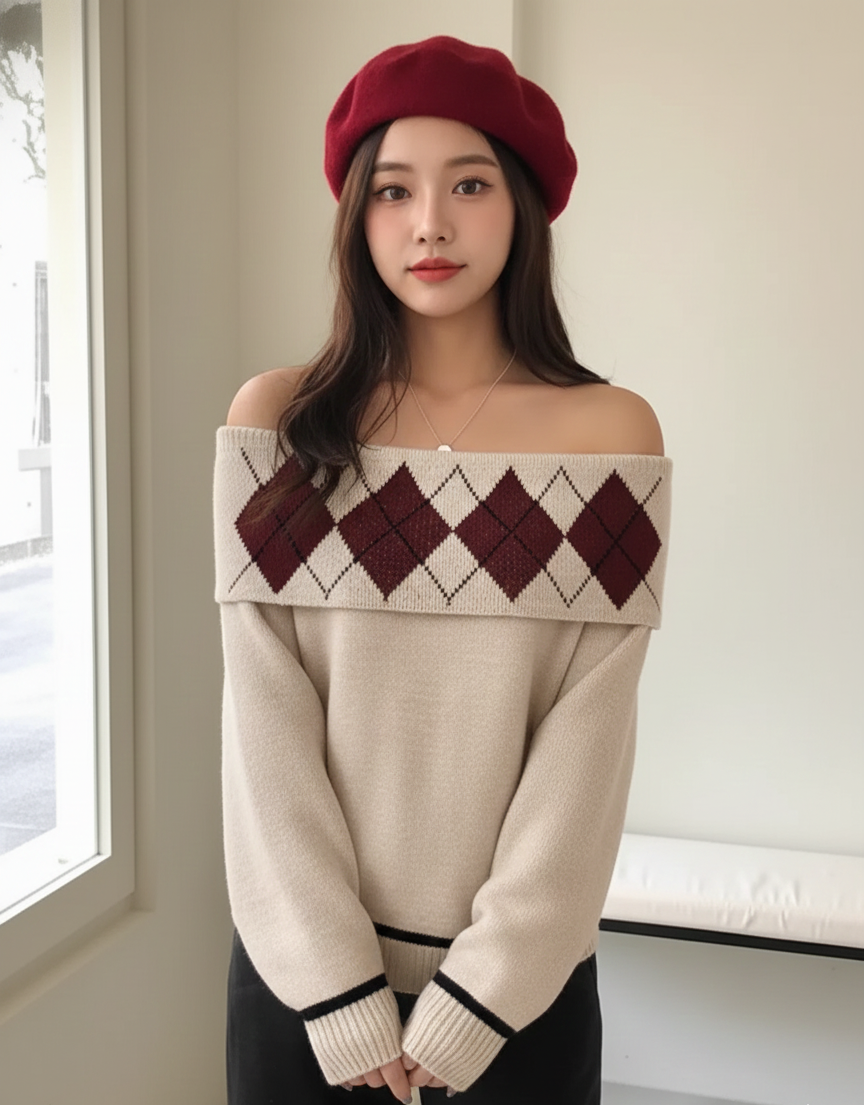 Argyle Whisper Off-Shoulder Sweater