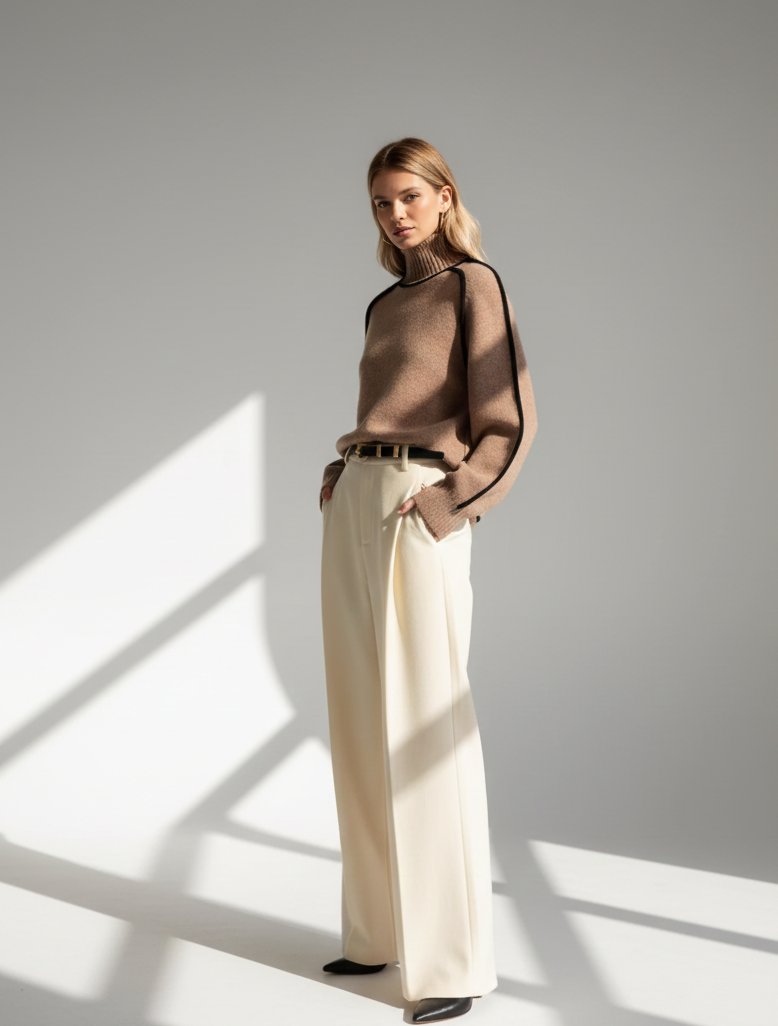 Elegance Line Contrast Turtleneck Sweater