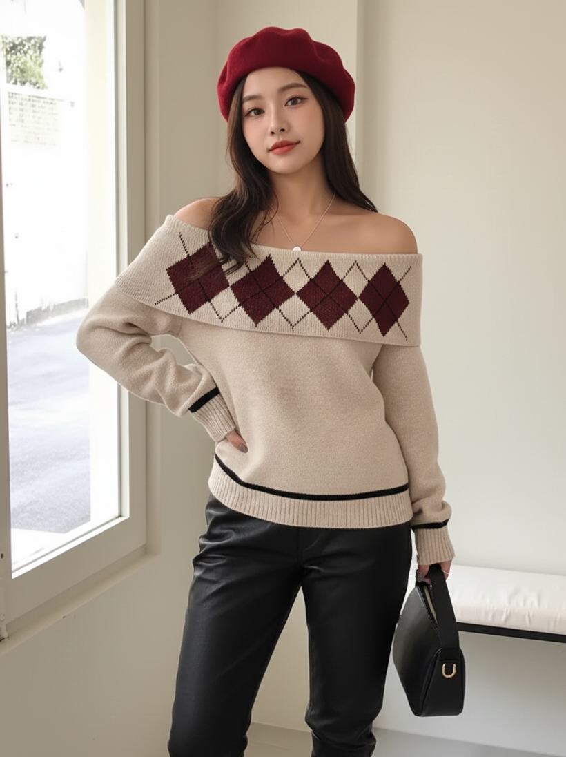 Argyle Whisper Off-Shoulder Sweater