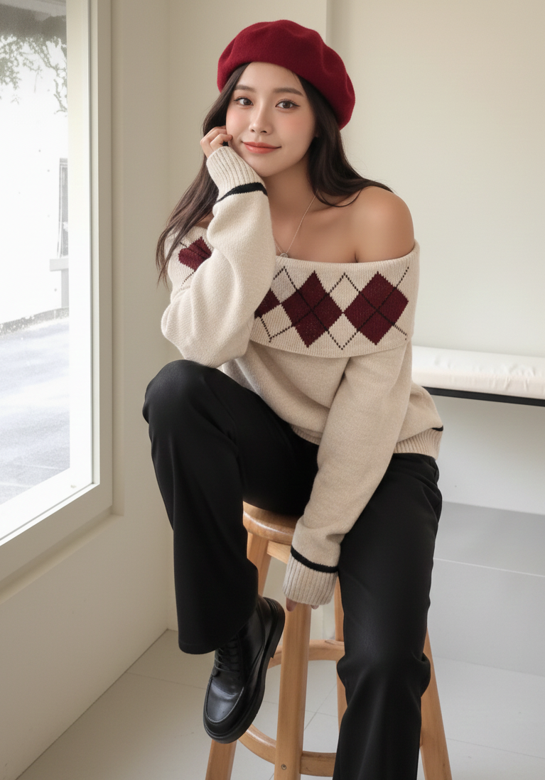 Argyle Whisper Off-Shoulder Sweater