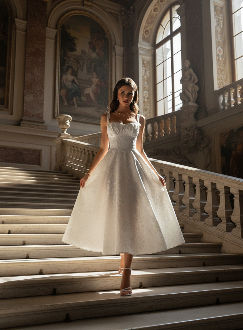 Solid Floral Jacquard Lace High Waist Dress