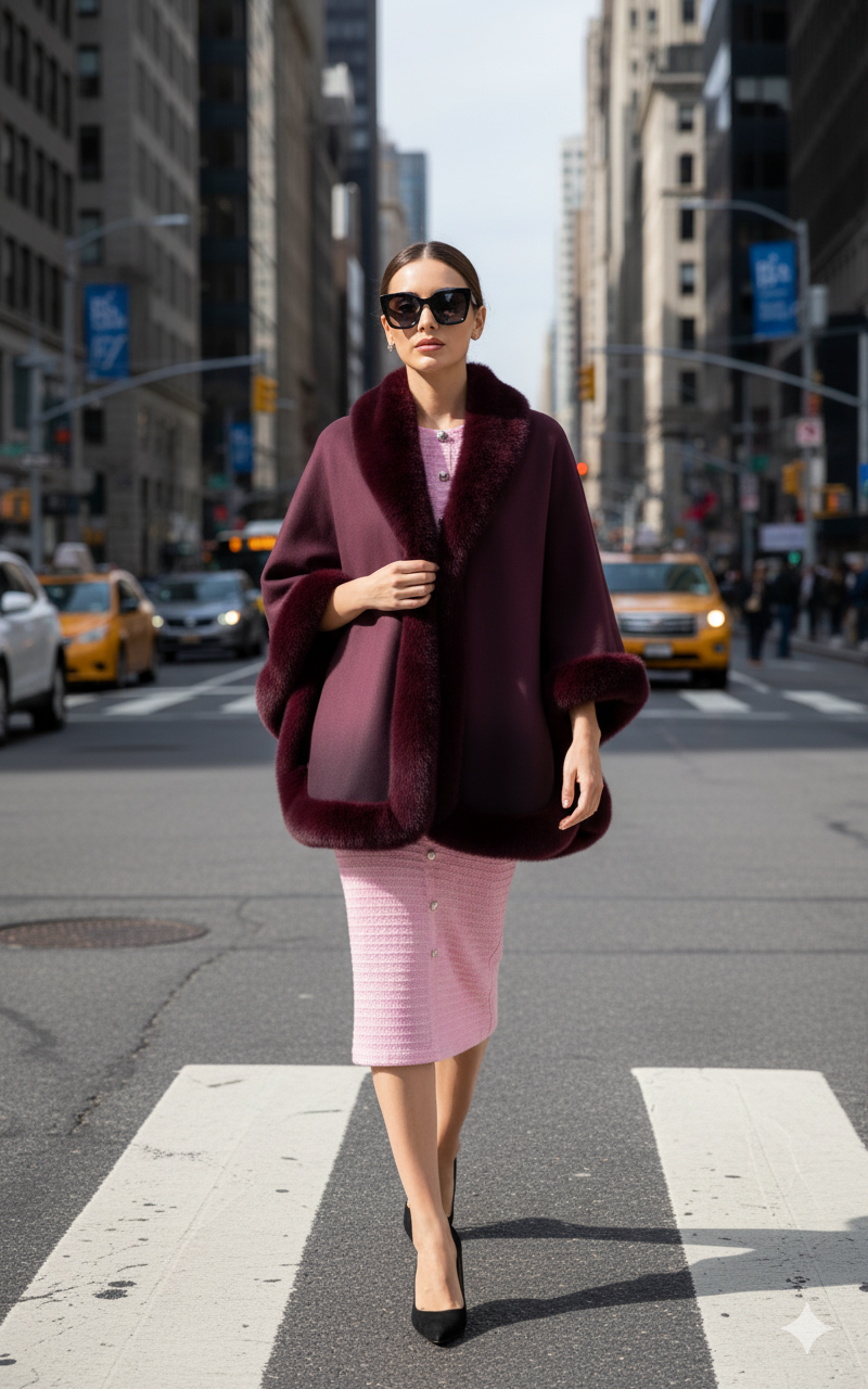 Ombre Faux Fur Trim Cape Wrap