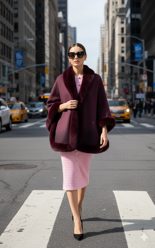 Ombre Faux Fur Trim Cape Wrap