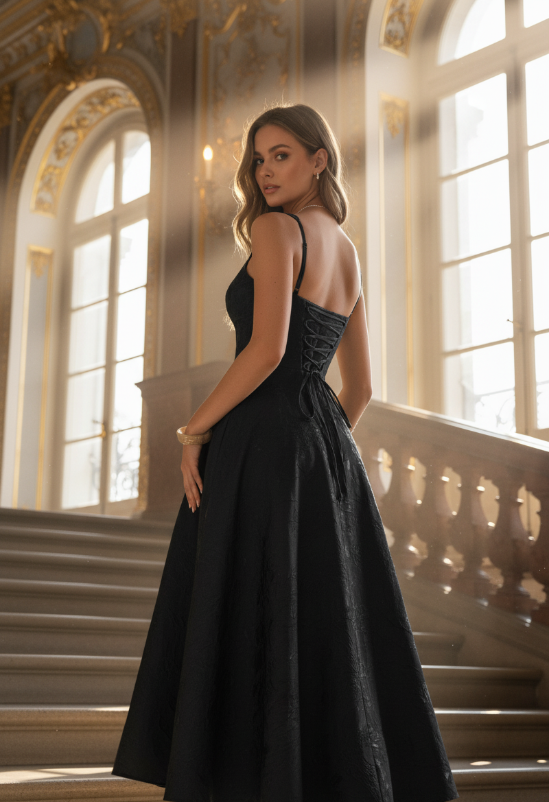 Solid Floral Jacquard Lace High Waist Dress