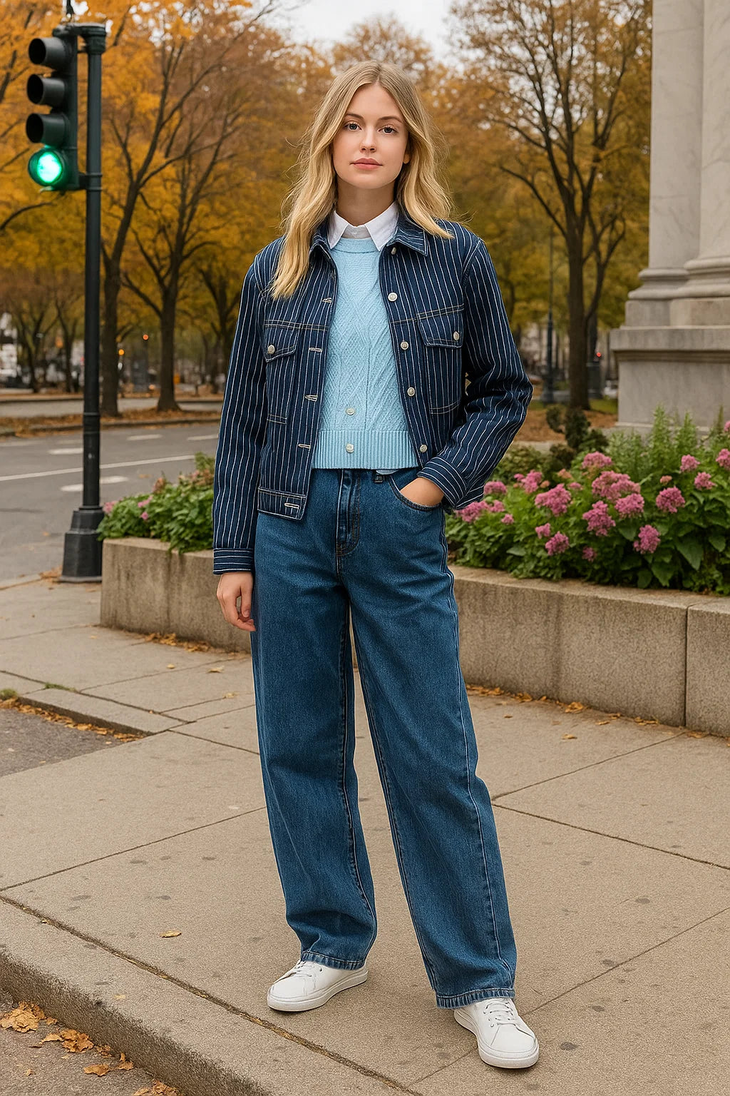 Áo khoác denim ngắn cài nút sọc