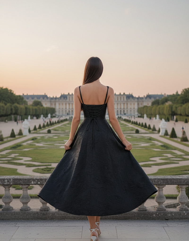 Solid Floral Jacquard Lace High Waist Dress