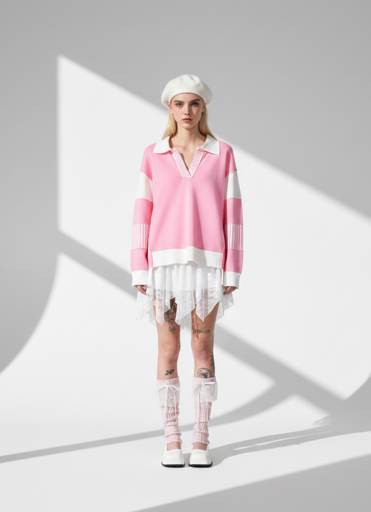 Color Block Polo Collar Knit Sweater